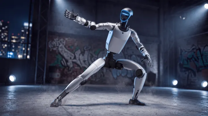 Unitree の人型ロボット G1+ が片脚を曲げて腕を広げたポーズをとる写真